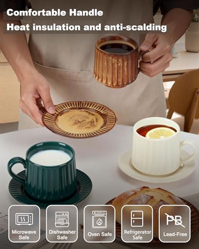 Ceramic Cup and Saucer Set,11.5 oz Coffee Cups with Saucers Modern Porcelain Espresso & Tea Cup Set,Dishwasher & Microwave Safe,for Home & Entertaining