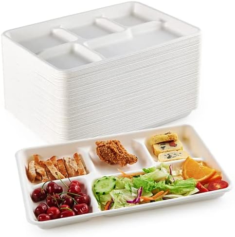 ECOLipak Compostable Disposable 5 Compartment Paper Plates, 12.5inch