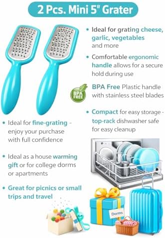 2 Pcs. Stainless Steel Mini Grater Cheese Garlic Nutmeg Chocolate 5" BPA Free (Blue)