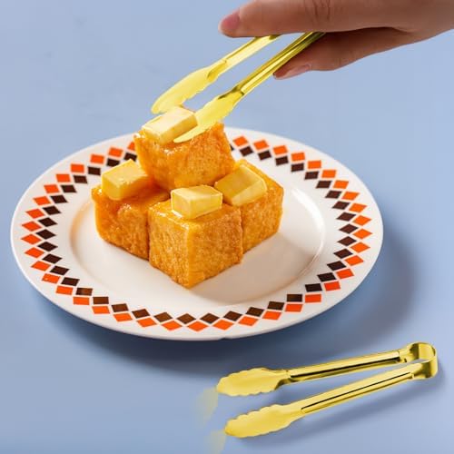 8PCS Gold Metal Tongs, 7" Stainless Steel Serving Tong, Small Kitchen Accessories for Appetizer, Ice, Sugar Cube, Salad, Toaster, Desserts (Gold, 7 INCH)