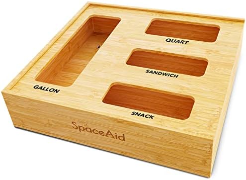 SpaceAid Bag Storage Organizer for Kitchen Drawer, Bamboo Organizer, Compatible with Gallon, Quart, Sandwich and Snack Variety Size Bag (1 Box 4 Slots), 2.5" High