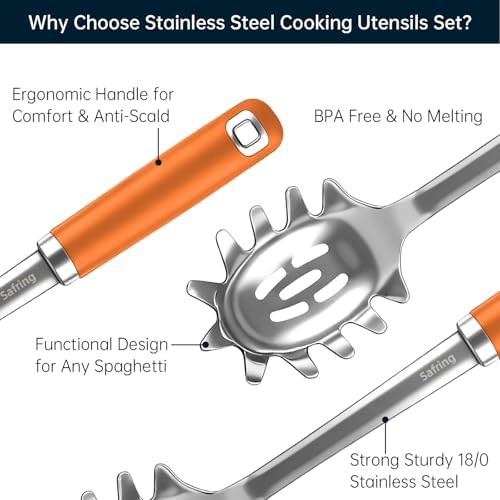 Safring Stainless Steel Soup Ladle and Spaghetti Spoon Set, Heat Resistant Rubber Handle, Dishwasher Safe, Kitchen Utensils for Cooking, Stirring, Serving Pasta, Soup & Sauce (Orange)