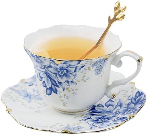 Country Roses Porcelain Tea Cup and Saucer Set with Gold Trim, Vintage Style, For Women and Tea Parties (1, Blue)