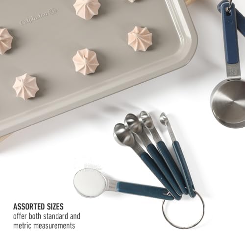 Calphalon Prime Measuring Spoons, Plastic Measuring Spoon Set, 5-Piece Stainless Steel Measuring Spoons Navy Silicone Handle Accurate, Durable for Spices and Small Portions