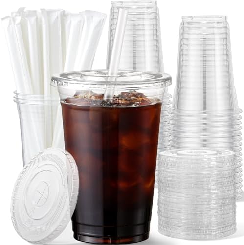 AOZITA 20 oz Plastic Cups with Lids and Straws, 50 Pack, Disposable Iced Coffee Cups with Lids for Cold Drinks, Iced Tea, Milkshakes, Smoothies - Durable & BPA Free