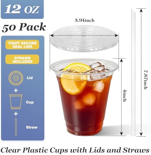 Charmount 50 Sets- 12 oz Clear Plastic Cups with Lids and Straws