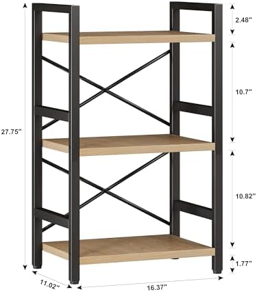 Homeiju Bookshelf, 3 Tier Industrial Bookcase, Metal Small Bookcase, Rustic Etagere Book Shelf Storage Organizer for Living Room, Bedroom, and Home Office(Light Coffee) Patent Pending D29873033