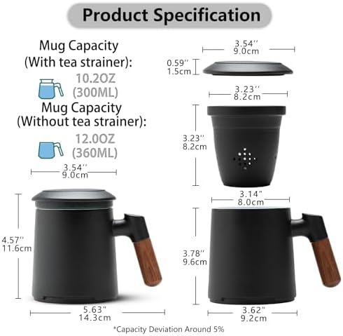ZENS Tea Cup with Infuser and Lid for Loose Leaf Tea Steeper, 12oz Black