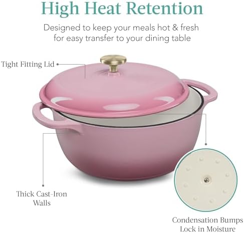 Best Choice Products 7.5 Quart Enamel Cast-Iron Round Dutch Oven, Family Style Heavy-Duty Pre-Seasoned Cookware for Home, Kitchen, Dining Room, Oven Safe w/Lid, Dual Handles - Pink Champagne
