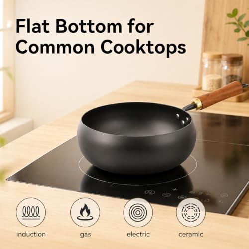 WANGYUANJI 9.5-Inch Carbon Steel Wok with Lid, Flat Bottom Stir Fry Pan