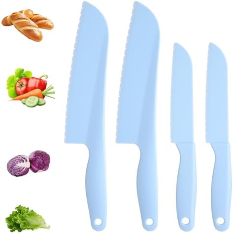 4 Pack Lettuce Knife 11/8.5" Plastic Cake Knifes to Prevent Browning Serrated Kitchen Cutter for Cutting Fruits, Cakes and Bread Dishwashable Safe for Kids Nylon Cutters for Nonstick Pans (Blue, S&L)