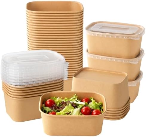 50 Sets 33 oz Disposable Kraft Paper Bowls with Lids - Rectangle