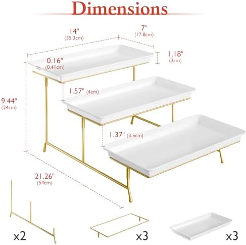 Bumusty 3-Tier Melamine Serving Tray Set, 14 x 7 in, Gold Stand