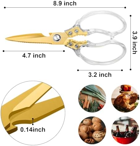 CGBE Kitchen Scissors, Multi-Purpose Kitchen Shears, Heavy Duty Food Scissors for Chicken, Poultry, Fish, Meat & Herbs with Non-Slip Grips - Transparent Gold