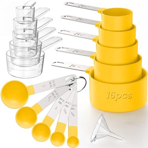 16PCS Measuring Cups and Spoons Set, Measuring Spoon Set with Metric and US Measurements, Fits for Measuring Dry and Liquid (Yellow)