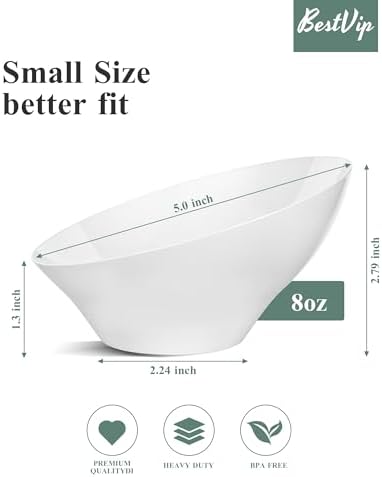BESTVIP 8 Oz White Plastic Angled Serving Bowls, 12 Pack