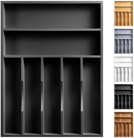 Kitchen Bamboo Silverware Organizer, Kitchen Drawer Organizer - Utensil Holder and Cutlery Tray with Grooved Drawer Dividers for Flatware 7 Slot, Black