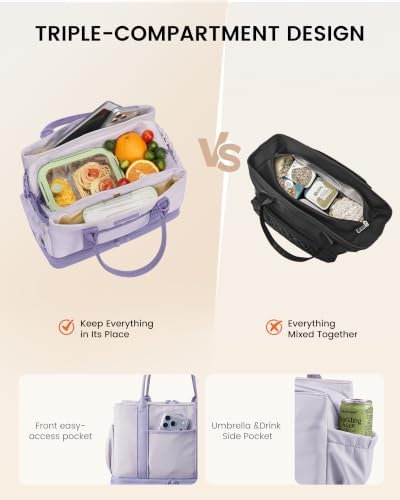 LOVEVOOK Insulated Lunch Bag Women with Triple Compartments & Bottle Holder