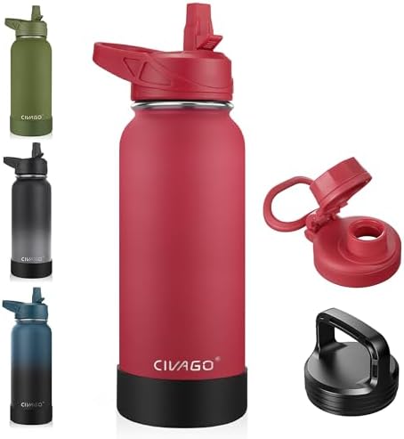CIVAGO 32 oz Insulated Stainless Steel Water Bottle With Straw and 3 Lids