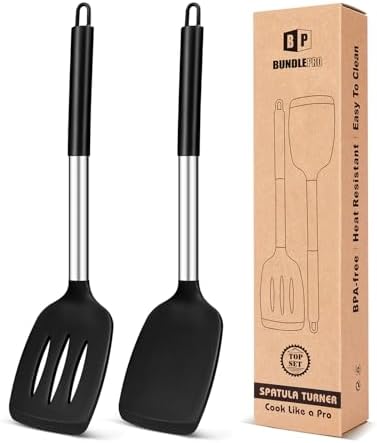 Pack of 2 Silicone Solid Turner, Non Stick Slotted Kitchen Spatulas, High Heat Resistant BPA Free Cooking Utensils, Ideal Cookware for Fish, Eggs, Pancakes(Black)