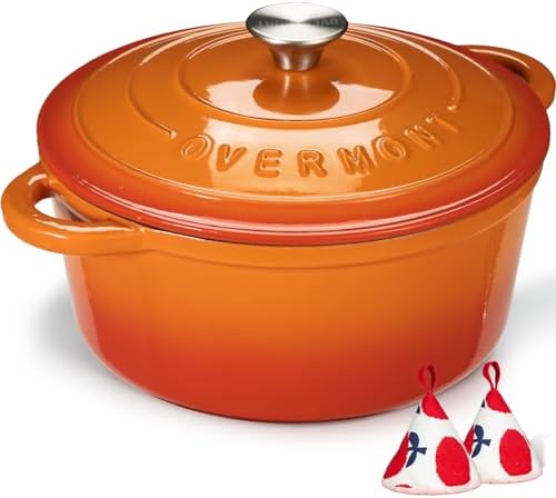 Overmont Enameled Cast Iron Dutch Oven - 5.5QT Pot with Wide Handles Lid Cookbook & Cotton Potholders - Heavy-Duty Pre-Seasoned Cookware Oven Safe to 500°F for Braising, Stews, Roasting, Sourdough Baking