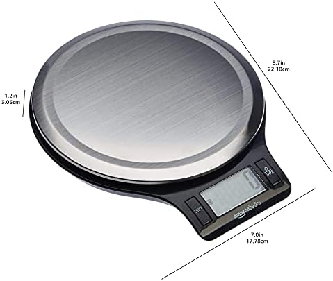 Amazon Basics Digital Kitchen Scale with LCD Display, Tare Function, Multiple Units, Weighs up to 11 Pounds, Batteries Included, Black and Stainless Steel