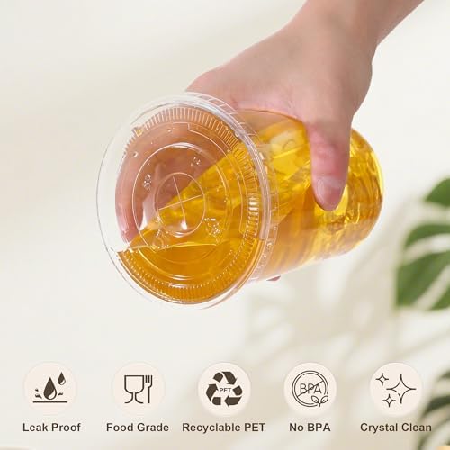 tchrules 50 Set 16oz Clear Round Bottom Plastic Cups with Lids and Straws