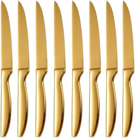 Gold Steak Knives Set of 8, Stainless Steel Kitchen Serrated Steak Knives