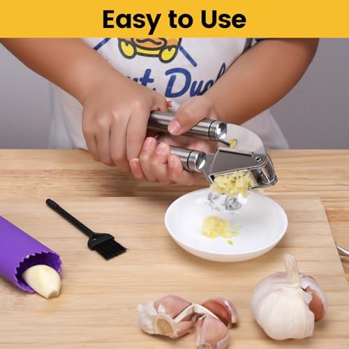 BURLIHOME Stainless Steel Garlic Press Mincer,Heavy-Duty,Purple Peeler Tube