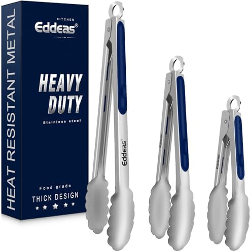 Tongs For Cooking - Heat Resistant 600 Degrees Stainless Steel Kitchen Tong, Heavy Duty Metal Locking Tongs - For Food,Salad, grilling, BBQ 7",9" & 12 inch, set of 3 Dishwasher Safe Blue
