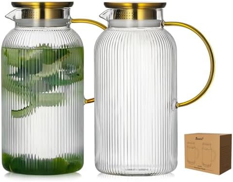 Buaic 2 PACK Glass Pitcher with Lid, 84 oz/ 2.5 Liter Glass Water Carafe