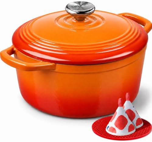 Overmont Enameled Cast Iron Dutch Oven - 5.5QT Pot with Wide Handles Lid Cookbook & Cotton Potholders - Heavy-Duty Pre-Seasoned Cookware Oven Safe to 500°F for Braising, Stews, Roasting, Sourdough Baking