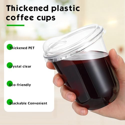 Baderke 100 Pcs Round Bottom Plastic Cups with Lids Clear Togo,12 Oz