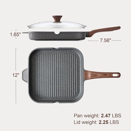 SENSARTE Nonstick Grill Pan with Lid, Grill Pan for Stove Tops, Versatile Griddle with Pour Spouts, Square Big Cooking Surface, Durable Skillet Indoor & Outdoor Grilling. PFOA Free, 12Inch