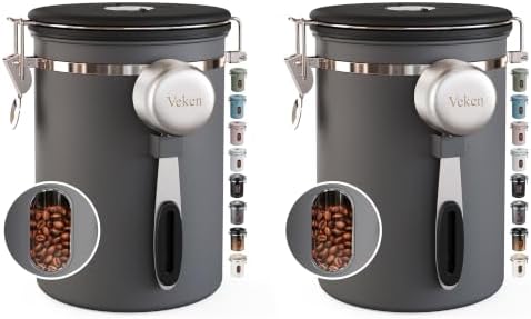 Veken Coffee Canister with Window, Airtight Stainless Steel Container,Date Tracker, Kitchen Food Storage Jars for Beans, Ground, Espresso, Rice,Tea, Sugar, Cereal, Gifts, Scoop, Grey, 22OZ (Pack of 2)