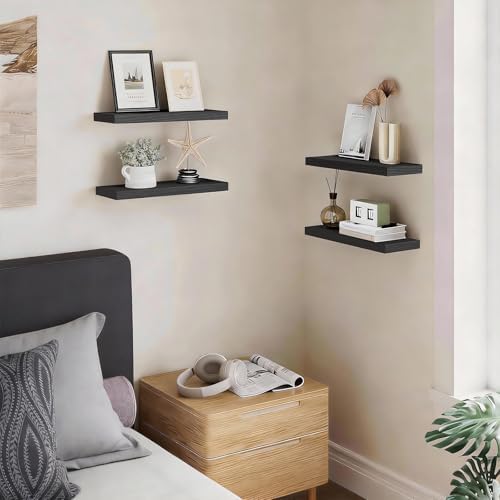 BAYKA Black Floating Shelves 15.7in, Set of 4, Wall Mount Rustic Wood Shelf