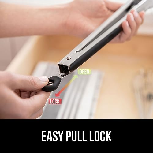 GORILLA GRIP Stainless Steel Kitchen Tongs for Cooking, 2 PK, Black