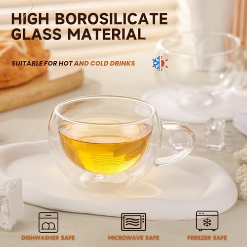 Double Wall Insulated Glass Tea Cups Set of 2, Clear Borosilicate Espresso Shot Cups for Espresso Machine, Glass Teacups Coffee Mugs with Handle for Cappuccino Latte, 7OZ/200ML