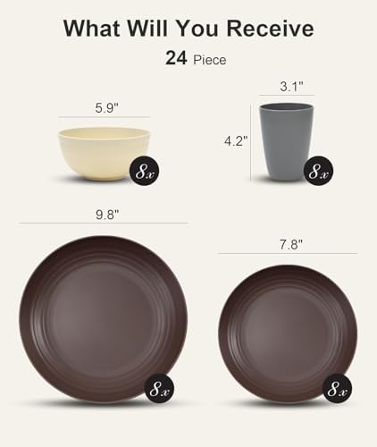Quatish 24 Piece Plates and Bowl Set for 8, Dinnerware Dish Set for Kitchen