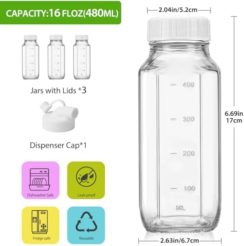 CUCUMI 3 Pack 16 Oz Glass Milk Container for Lunch Box