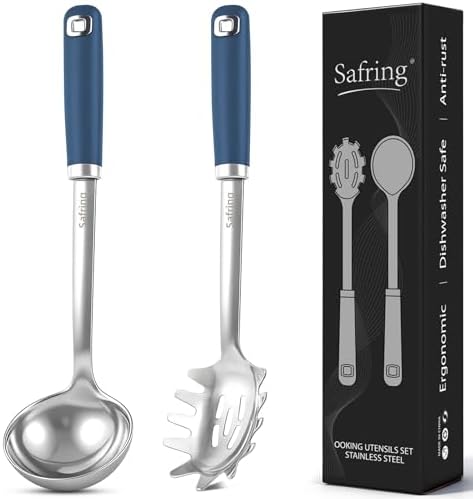 Safring Stainless Steel Soup Ladle and Spaghetti Spoon Set, Heat Resistant Rubber Handle, Dishwasher Safe, Kitchen Utensils for Cooking, Stirring, Serving Pasta, Soup & Sauce (Blue)
