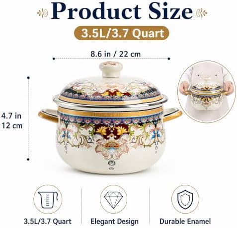 ZENFUN Kitchen Enamel Stockpot with Lid, 3.7 Quart Vintage Nonstick Steamer Pot, Thicken Large Soup Pot with Handles Retro Flower Cooking Stew Bean Pot, Safe for Induction Cookers
