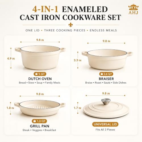 AHJ Enameled Cast Iron Dutch Oven Set - 4 Piece Cookware Set with Lids