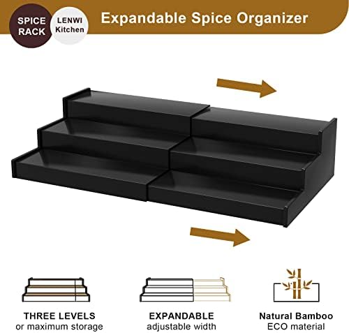 Lenwi Spice Rack Organizer for Cabinet, 3 Tier Expandable Bamboo Spice Storage for Kitchen Cupboard Pantry, Black