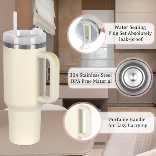 4 Pack 40 Oz Tumbler with Handle Bulk, Double Wall Vacuum Insulated Stainless Steel Tumbler with Lid and Straw, 40 oz cup with Silicone Spill Proof Stopper Set (Cream)
