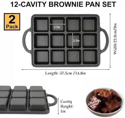 Flavehc 2Pack Cast Iron Brownie Pan with Dividers Individual 12 Cup Cavity Cast Iron Baking Pan for Brownies Square Muffin Pans Molds