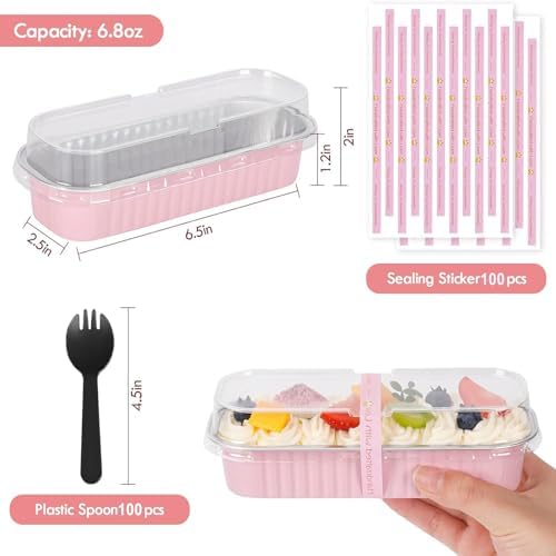 YQER 100 Pack Mini Loaf Pans with Lids and Spoons, 6.8oz Disposable Aluminum Foil Mini Cake Pans and Baking Tins with Sealing Stickers, Individual Pink Dessert Containers for Parties and Gifts