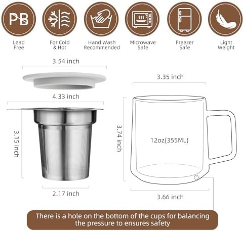 CNGLASS 12oz Double Walled Glass Tea Cup with Stainless Steel Infuser and Lid,Borosilicate Glass Tea Infuser Mug for Loose Tea,Teabag,Set of 1