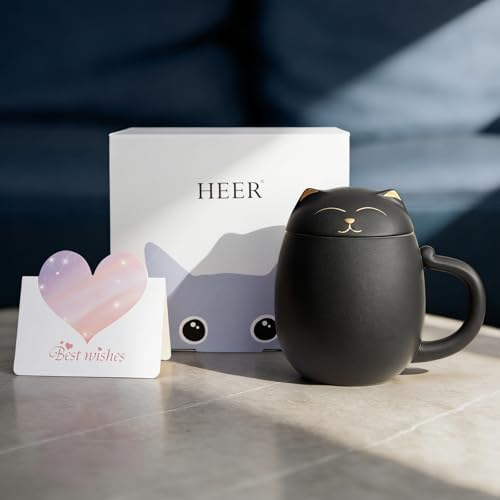HEER Black Cat Ceramic Tea Mug 13.5oz with Infuser and Lid, Black