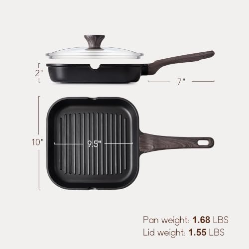 SENSARTE Nonstick Grill Pan with Lid, Grill Pan for Stove Tops, Versatile Griddle with Pour Spouts, Square Big Cooking Surface, Durable Skillet Indoor & Outdoor Grilling. PFOA Free, 9.5 Inch